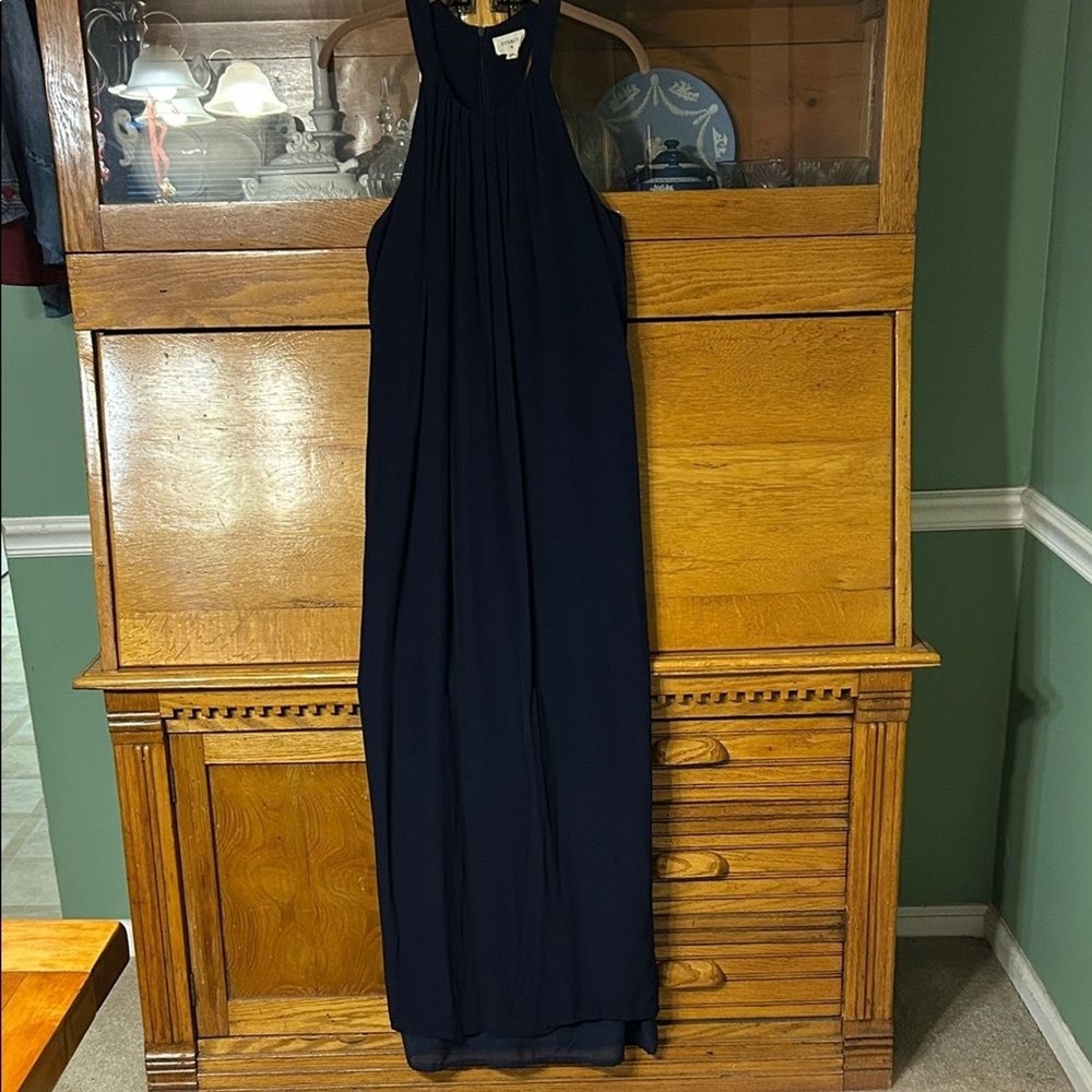 Everly Boho Chic Navy‎ Pleated Halter Maxi Dress Racerback Formal Gown Size S